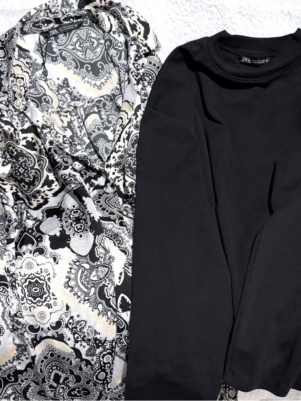 ZARA Bundle – Printed Blouse + Black Long Sleeve Top – Women’s Size S